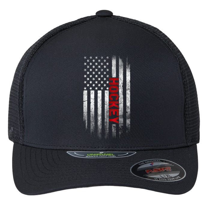 Hockey Stick American Flag Sports Patriotic Hockey Player Flexfit Unipanel Trucker Cap