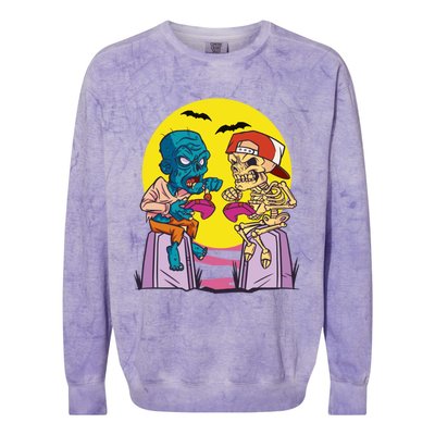 Halloween Skeleton And Zombie Gamer Gift Colorblast Crewneck Sweatshirt