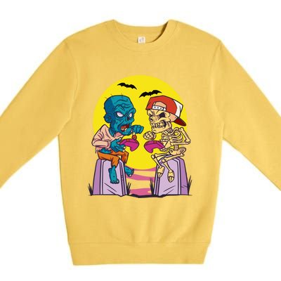 Halloween Skeleton And Zombie Gamer Gift Premium Crewneck Sweatshirt