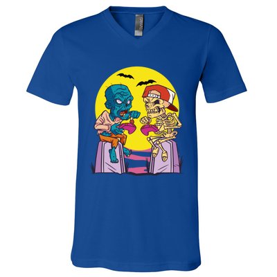 Halloween Skeleton And Zombie Gamer Gift V-Neck T-Shirt