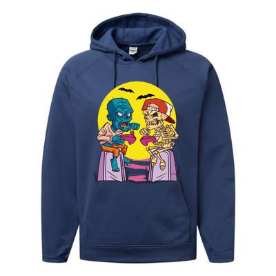 Halloween Skeleton And Zombie Gamer Gift Performance Fleece Hoodie