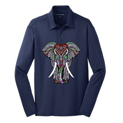 Henna Stylish Artistic Save The Elephants Wildlife Silk Touch Performance Long Sleeve Polo