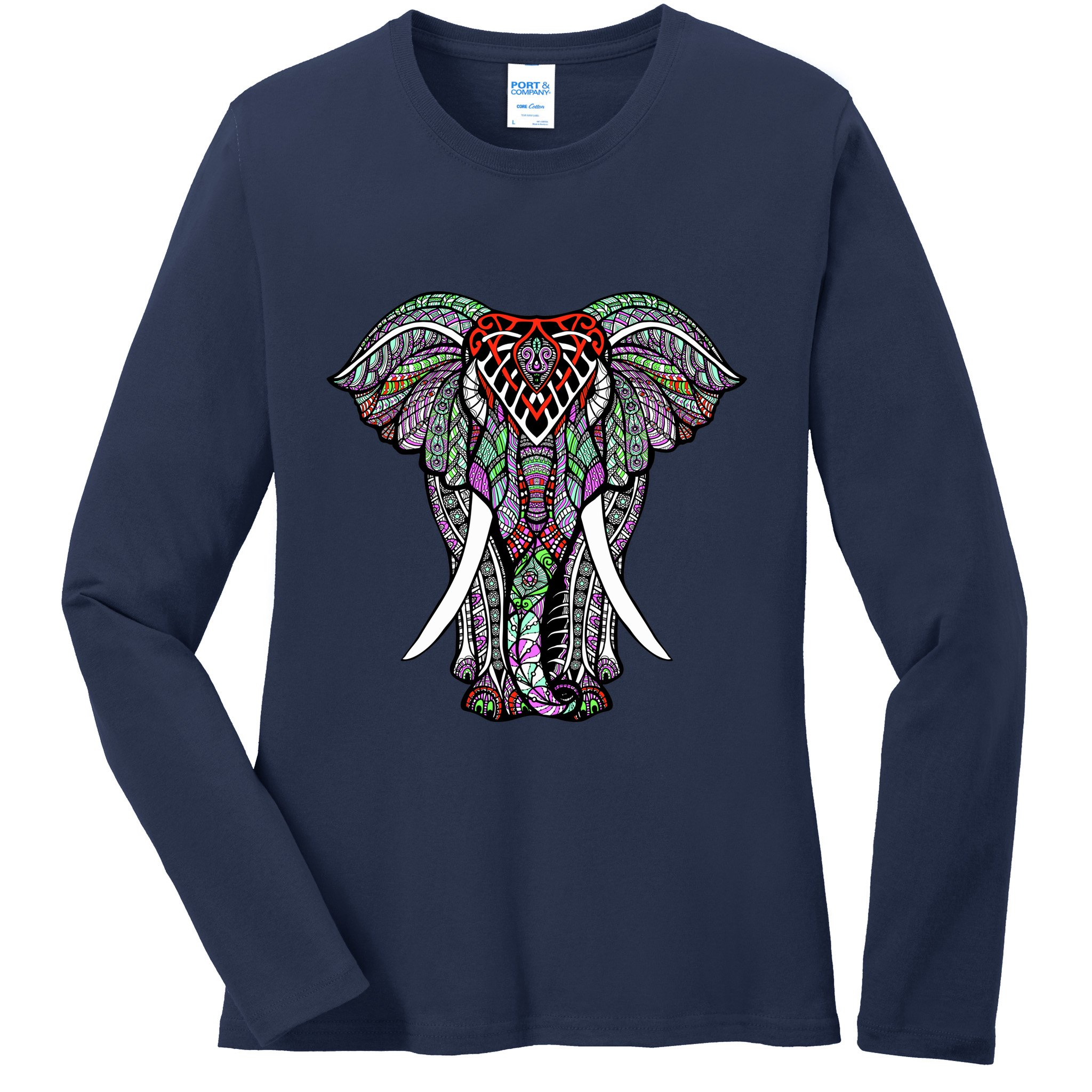 Henna Stylish Artistic Save The Elephants Wildlife Ladies Long Sleeve Shirt
