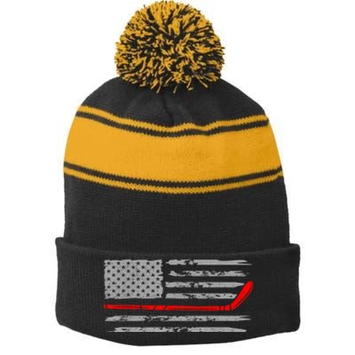 Hockey Sticks American Flag Gift For Player Stripe Pom Pom Beanie