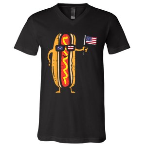 Hotdog Sunglasses American Flag USA Funny 4th Of July Fourth V-Neck T-Shirt