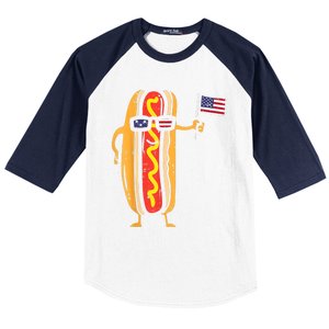 Hotdog Sunglasses American Flag USA Funny 4th Of July Fourth Baseball Sleeve Shirt