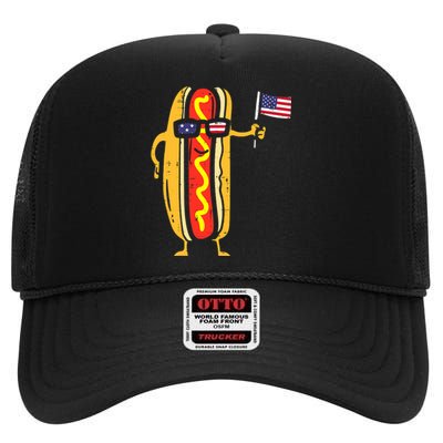 Hotdog Sunglasses American Flag USA Funny 4th Of July Fourth High Crown Mesh Back Trucker Hat