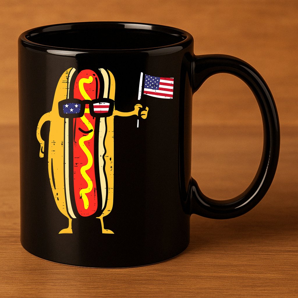 Hotdog Sunglasses American Flag USA Funny 4th Of July Fourth 11oz C Handle Ceramic Mug