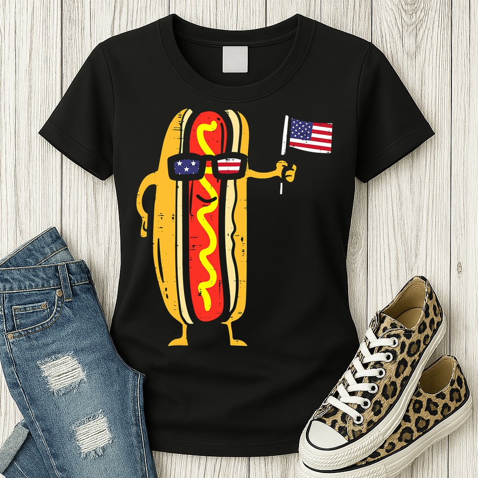 Hotdog Sunglasses American Flag USA Funny 4th Of July Fourth Womens T-Shirt