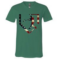 High School Baseball Season College Ball Player Usa Flag V-Neck T-Shirt