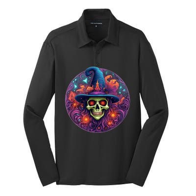 Halloween Scary Bony Green Witch Face Trick Treat Funny Gift Silk Touch Performance Long Sleeve Polo