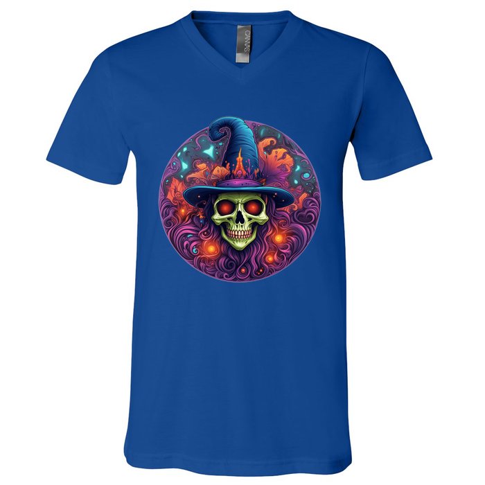 Halloween Scary Bony Green Witch Face Trick Treat Funny Gift V-Neck T-Shirt