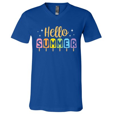 Hello Summer Break Vacation Travel Outdoors Beach Sunset Cute Gift V-Neck T-Shirt