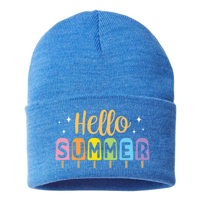 Hello Summer Break Vacation Travel Outdoors Beach Sunset Cute Gift Sustainable Knit Beanie