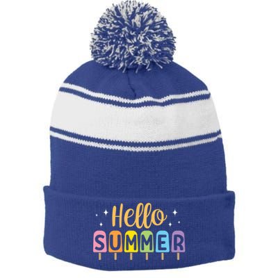 Hello Summer Break Vacation Travel Outdoors Beach Sunset Cute Gift Stripe Pom Pom Beanie