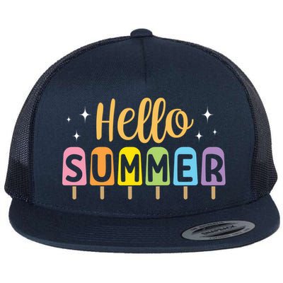 Hello Summer Break Vacation Travel Outdoors Beach Sunset Cute Gift Flat Bill Trucker Hat