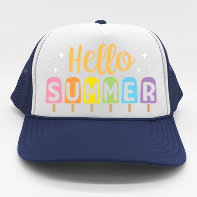 Hello Summer Break Vacation Travel Outdoors Beach Sunset Cute Gift Trucker Hat