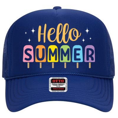 Hello Summer Break Vacation Travel Outdoors Beach Sunset Cute Gift High Crown Mesh Back Trucker Hat