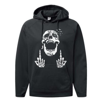 Halloween Skeleton Bones Middle Finger Skull Performance Fleece Hoodie