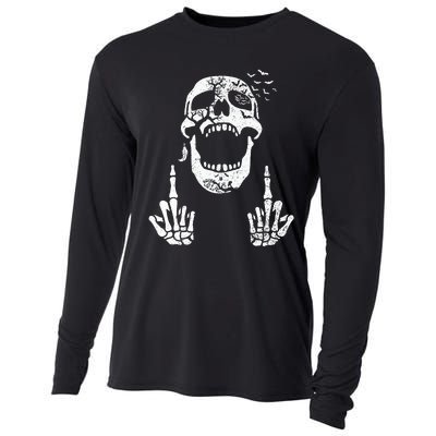 Halloween Skeleton Bones Middle Finger Skull Cooling Performance Long Sleeve Crew