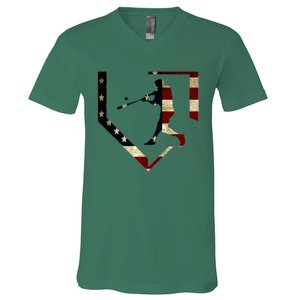 High School Baseball Season College Ball Player Usa Flag V-Neck T-Shirt