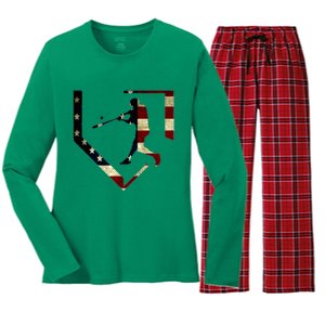 High School Baseball Season College Ball Player Usa Flag Women's Long Sleeve Flannel Pajama Set 