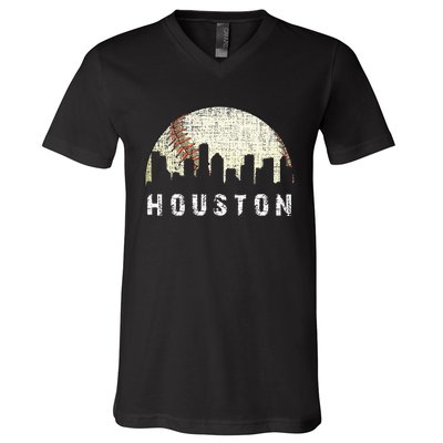 Houston Skyline Baseball Game Vintage V-Neck T-Shirt