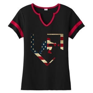 High School Baseball Catcher Gear American Flag Gift Sports Ladies Halftime Notch Neck Tee