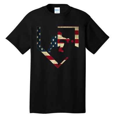 High School Baseball Catcher Gear American Flag Gift Sports Tall T-Shirt