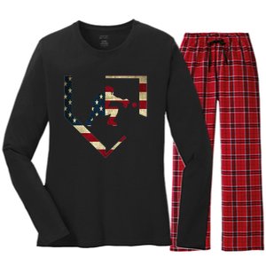 High School Baseball Catcher Gear American Flag Gift Sports Women's Long Sleeve Flannel Pajama Set 