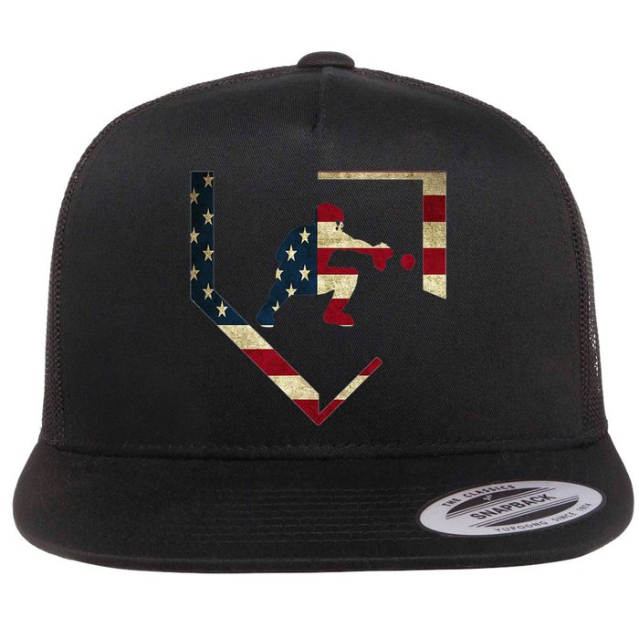 High School Baseball Catcher Gear American Flag Gift Sports Flat Bill Trucker Hat