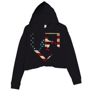 High School Baseball Catcher Gear American Flag Gift Sports Crop Fleece Hoodie