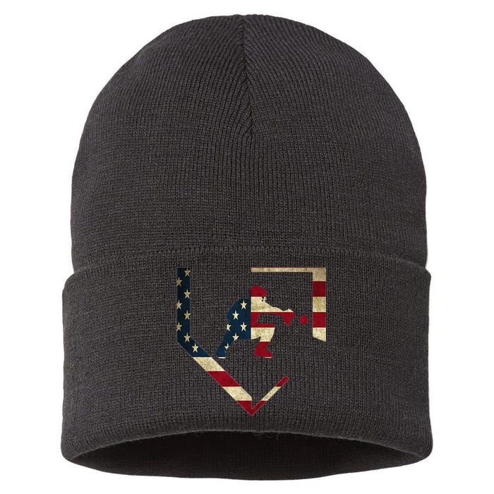 High School Baseball Catcher Gear American Flag Gift Sports Sustainable Knit Beanie