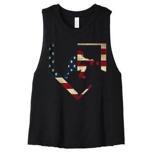 High School Baseball Catcher Gear American Flag Gift Sports Women's Racerback Cropped Tank