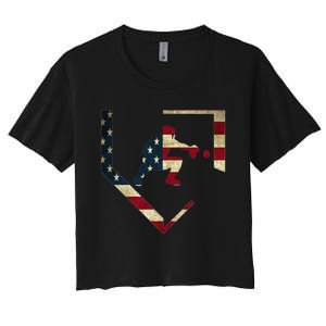 High School Baseball Catcher Gear American Flag Gift Sports Women's Crop Top Tee