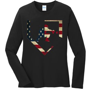 High School Baseball Catcher Gear American Flag Gift Sports Ladies Long Sleeve Shirt