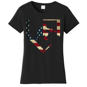 High School Baseball Catcher Gear American Flag Gift Sports Women's T-Shirt