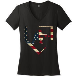 High School Baseball Catcher Gear American Flag Gift Sports Women's V-Neck T-Shirt