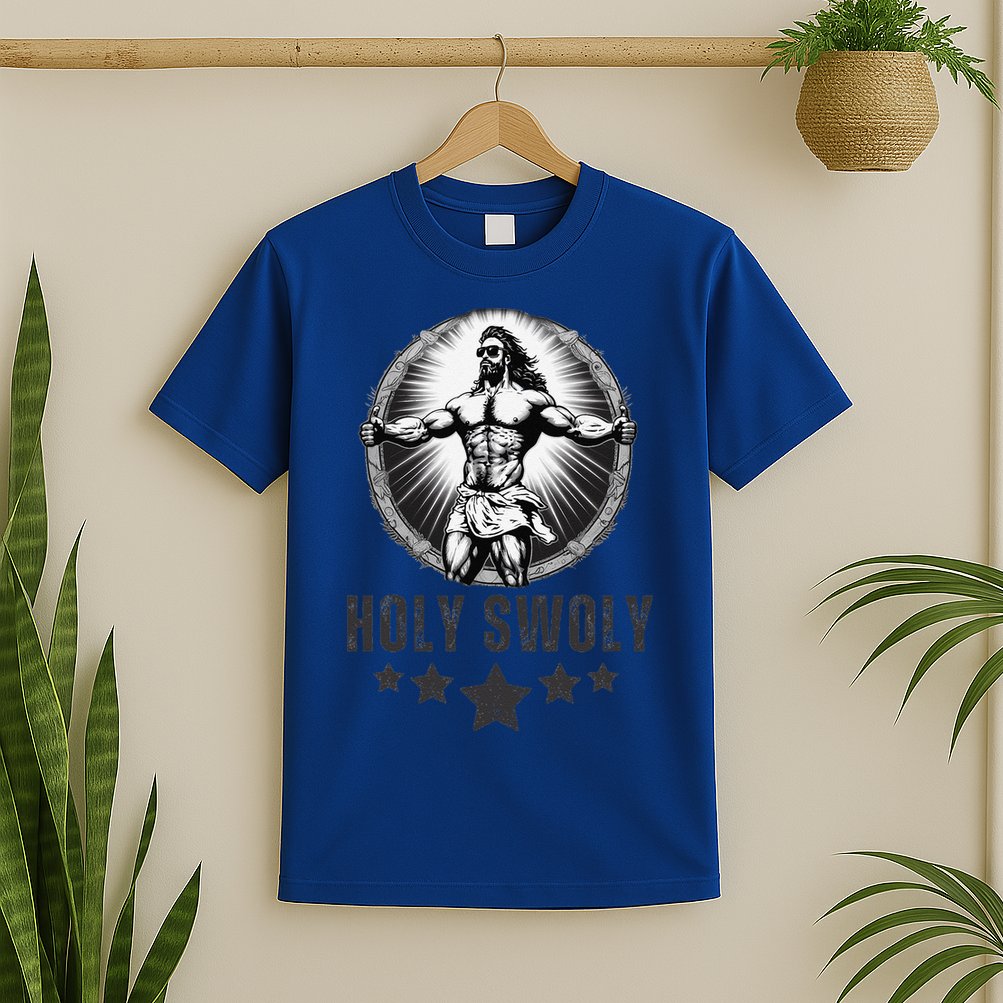 Holy Swoly Bodybuilding Jesus Fitness Funny Gym T-Shirt