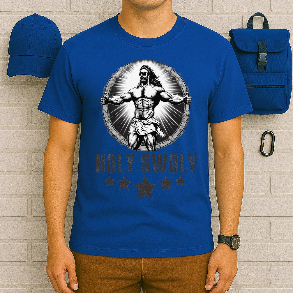Holy Swoly Bodybuilding Jesus Fitness Funny Gym T-Shirt