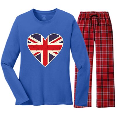 Heart Shaped British Union Jack Flag Gift Women's Long Sleeve Flannel Pajama Set 