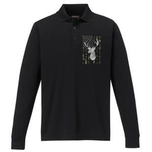 Hunting Season Buck Deer Hunting American Camouflage USA Flag Performance Long Sleeve Polo