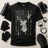 Hunting Season Buck Deer Hunting American Camouflage USA Flag Cooling Performance Crew T-Shirt
