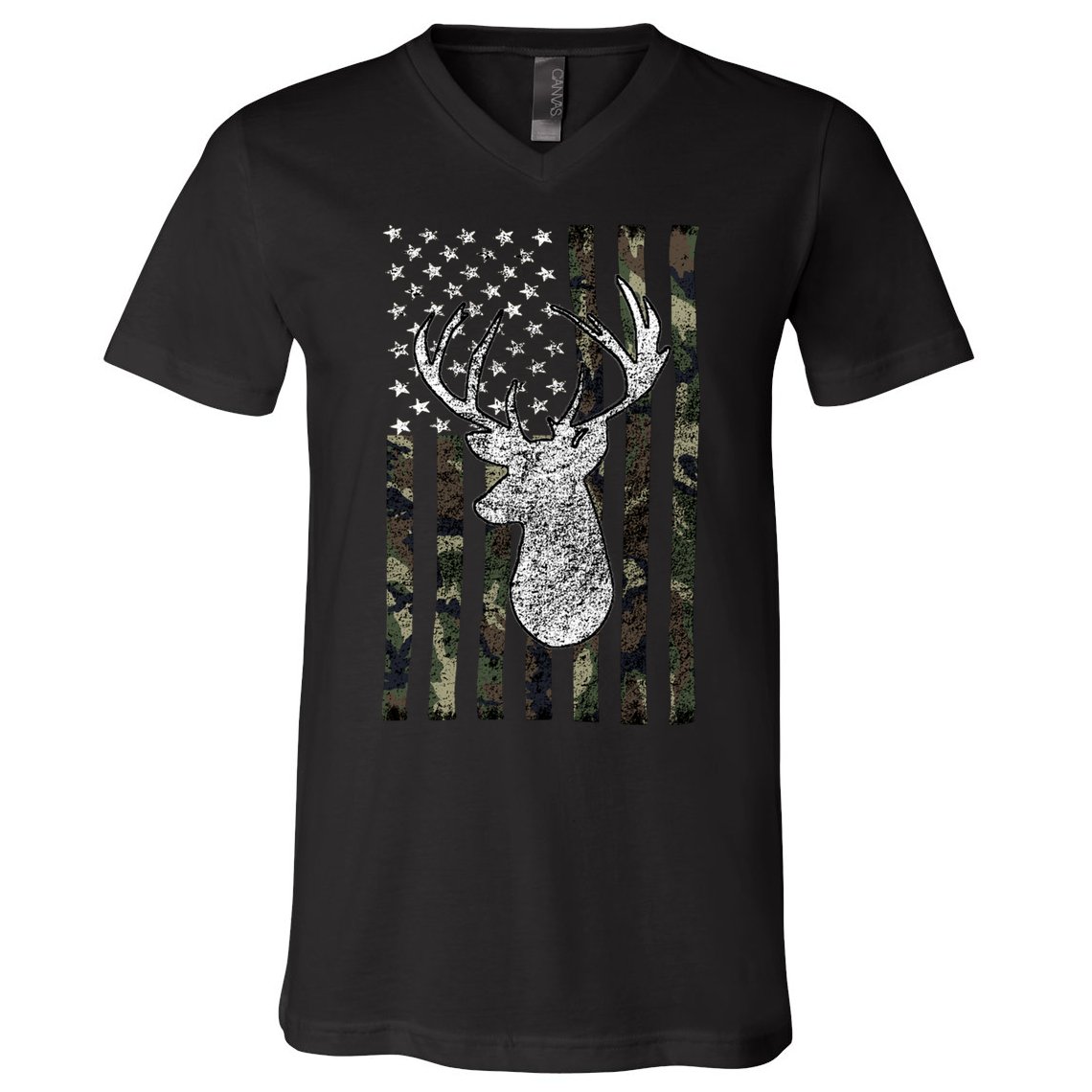 Hunting Season Buck Deer Hunting American Camouflage USA Flag V-Neck T-Shirt
