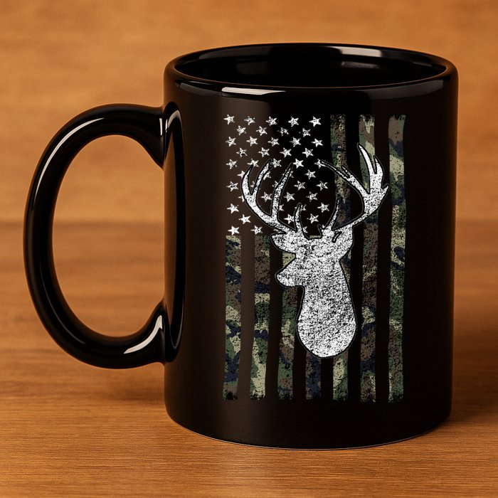 Hunting Season Buck Deer Hunting American Camouflage USA Flag 11oz C Handle Ceramic Mug