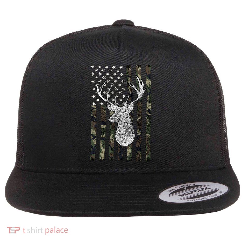 Hunting Season Buck Deer Hunting American Camouflage USA Flag Flatbill Hat