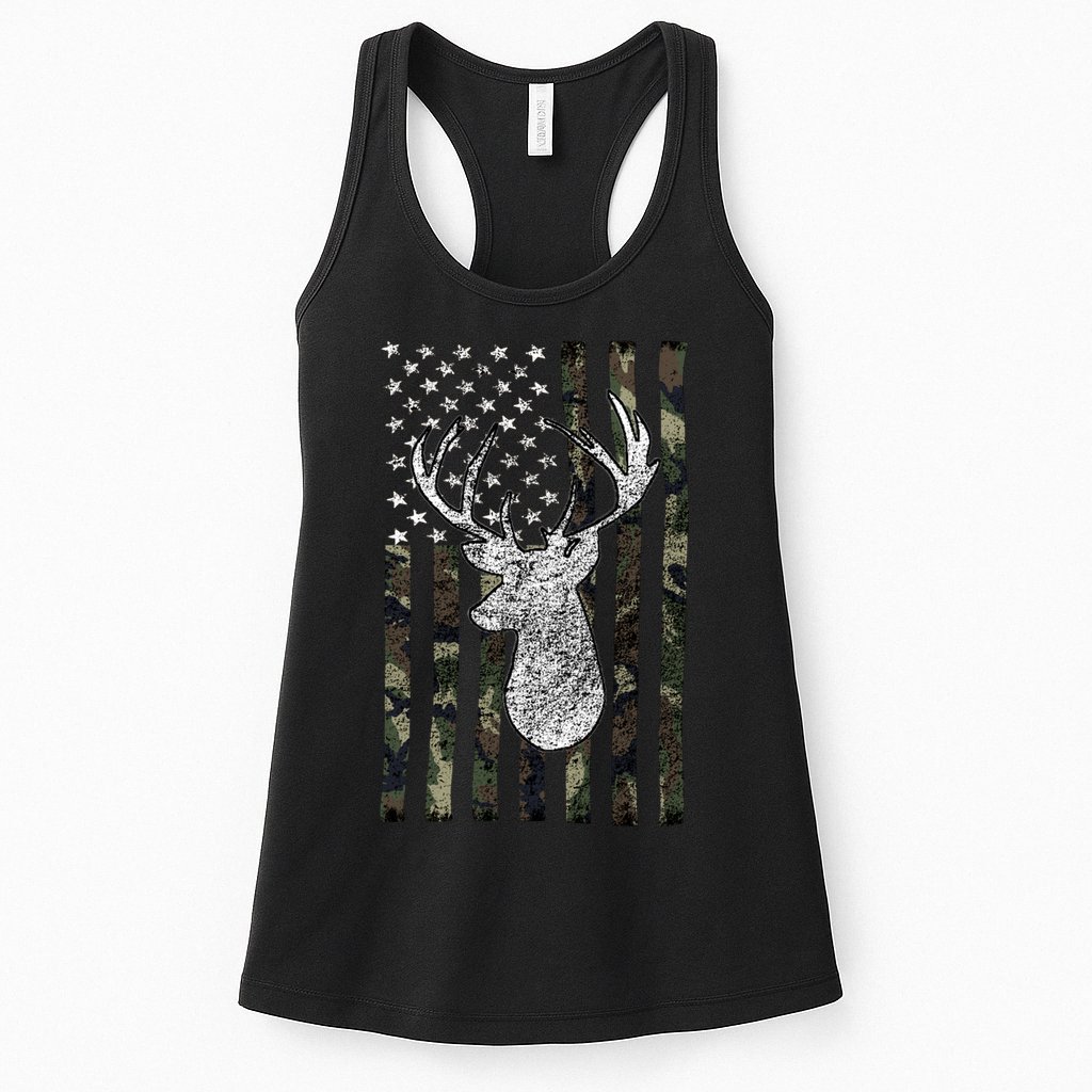 Hunting Season Buck Deer Hunting American Camouflage USA Flag Womens Tank Top