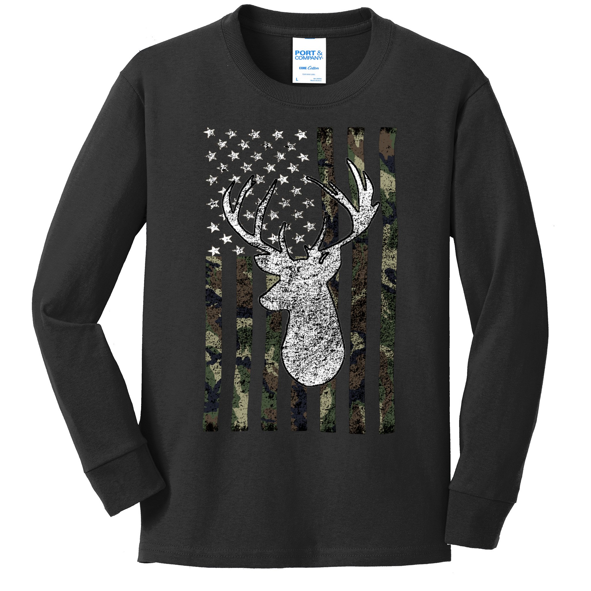 Hunting Season Buck Deer Hunting American Camouflage USA Flag Kids Long Sleeve Shirt