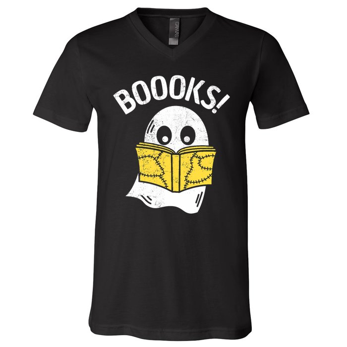 Halloween Saying Boooks Bookworm Ghost Librarian V-Neck T-Shirt