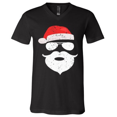 Hilarious Santa Beard Shades and Festive Red Hat for Christmas V-Neck T-Shirt